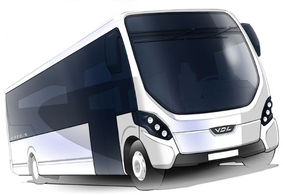 VDL:s nya midiversion av Citea, här illustrerad av en skiss, är utvecklad i samarbete med Wrightbus. Bild: VDL.
