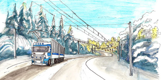 Trådlångtradare? VTI inleder ett stort forskningsprojekt om elvägar som ska göra det möjligt för bussar och lastbilar att köra på el även mycket långa sträckor. Illustration: Trafikverket.