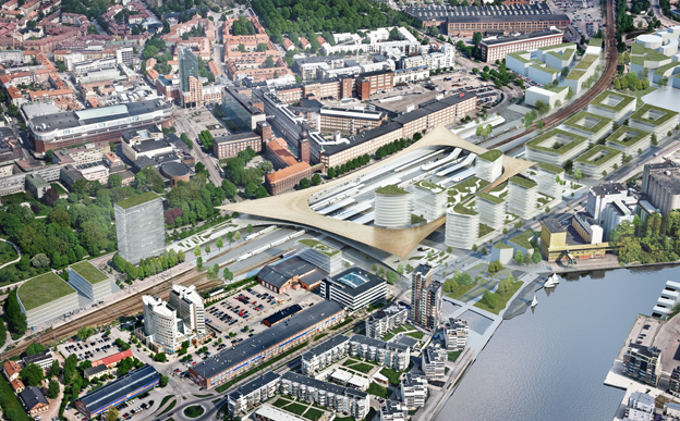 Västerås nya resecentrum kommer att samla allt under ett tak, samtidigt som det förbinder stadskärnan med områdena vid Mälaren. Bild: BIG-Bjarke Ingels Group.