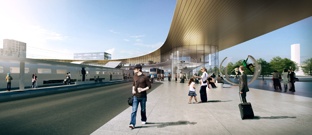 Bussterminalen är sammanlänkad och ligger under samma tak som resten av Resecentrum. Själva plattformen utformas som en ”ö-terminal” med dubbelriktad busstrafik längs den södra sidan. På den centrala plattformsdelen finns väderskyddade väntrum. Bild: BIG-Bjarke Ingels Group.