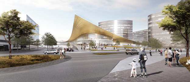 Resecentrum sedd från Mälarsidan. Bild: BIG-Bjarke Ingels Group.