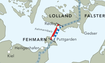 Tunneln under Fehmarn Bält går mellan Rødby och Puttgarden.