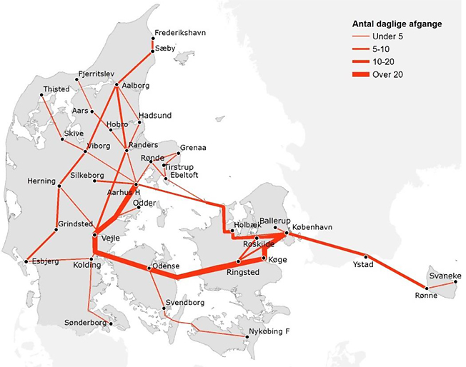 Fjärrbussnätet i Danmark med teurt'ätheten angiven. Karta: Trafikstyrelsen.